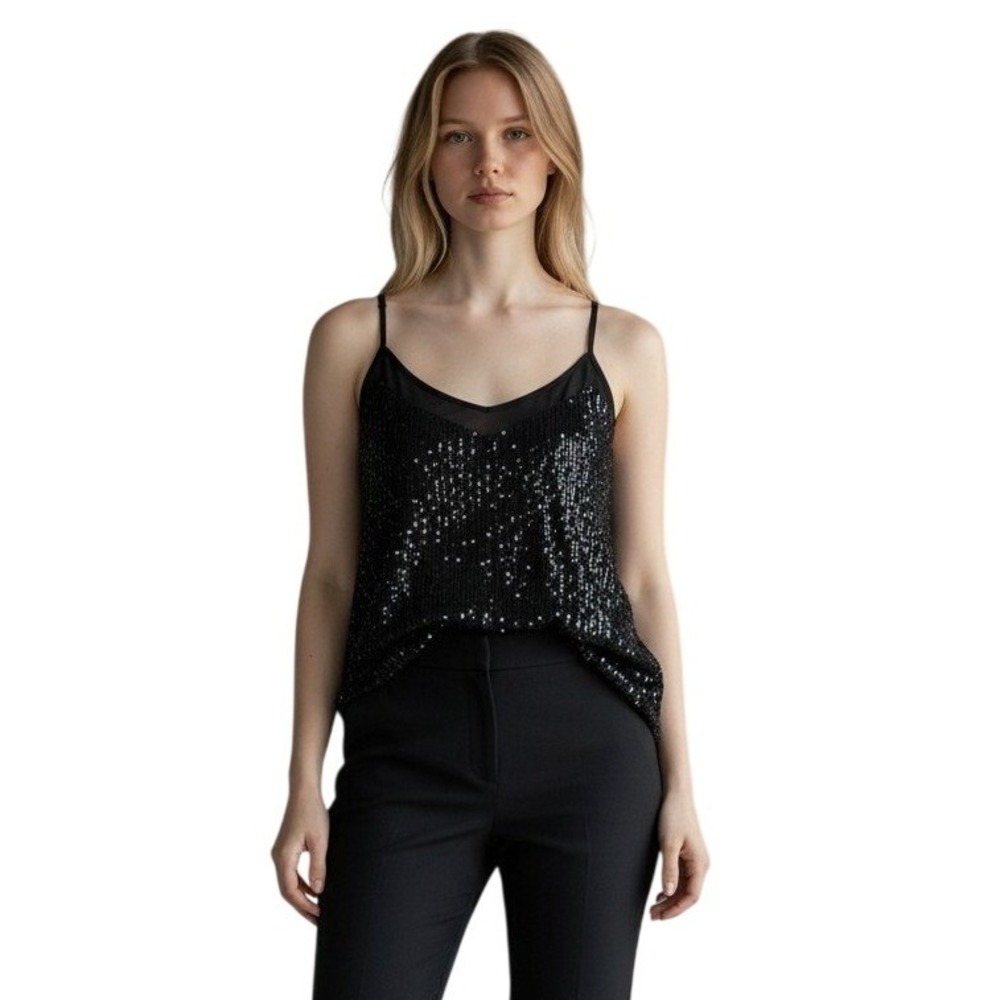 1.STATE Black Sequin Camisole Top V-Neck Adjustable Straps Women's Size L - NWT‎